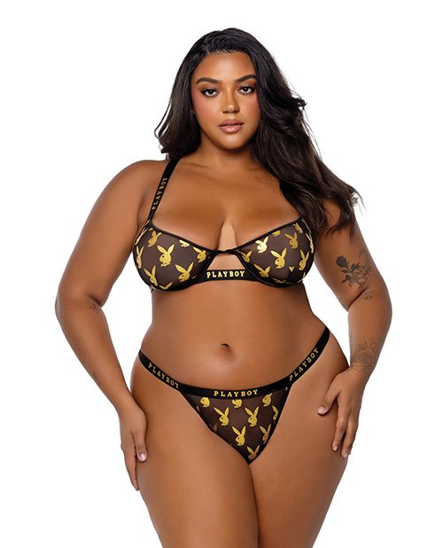 Playboy Gold Foil Mesh & Satin Bralette With Thong