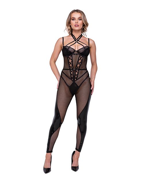 Roma Confidential Flirty Fetish Fishnet & Faux Leather Catsuit With Satin Trim