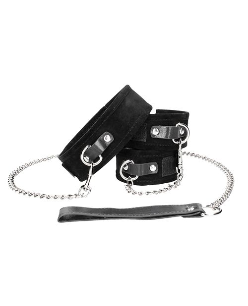 Ouch! Black & White Velcro Collar With Leash & Hand Cuffs