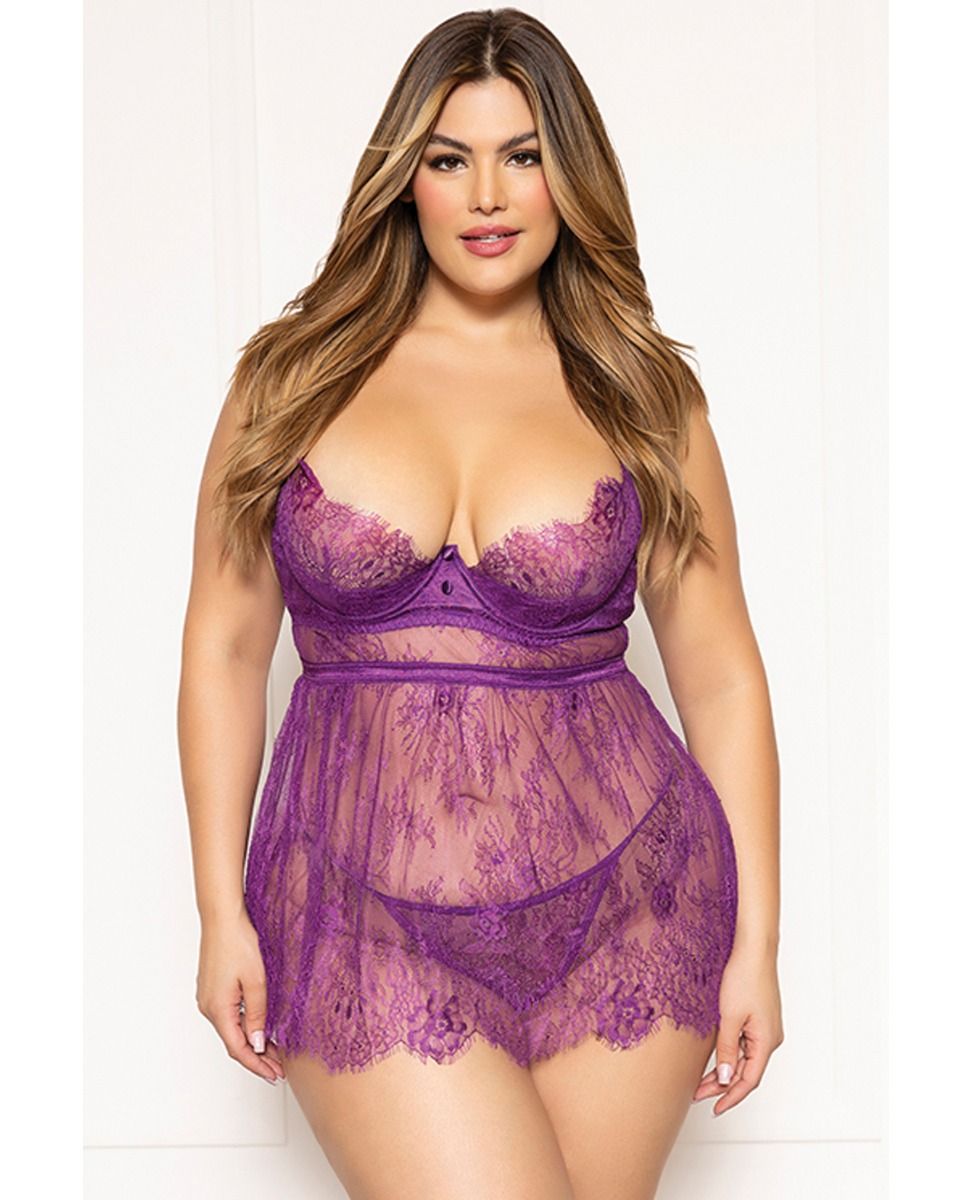 Seven Til Midnight Floral Eyelash Lace Underwire Babydoll With Thong