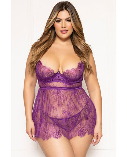 Seven Til Midnight Floral Eyelash Lace Underwire Babydoll With Thong