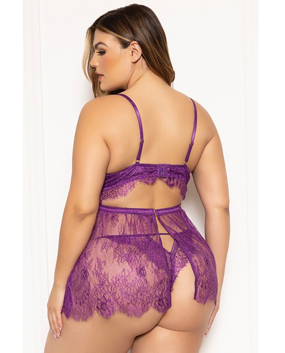 Seven Til Midnight Floral Eyelash Lace Underwire Babydoll With Thong