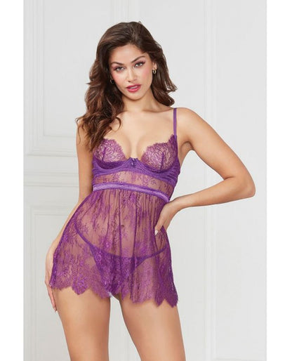Seven Til Midnight Floral Eyelash Lace Underwire Babydoll With Thong