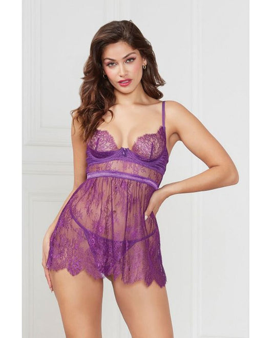 Seven Til Midnight Floral Eyelash Lace Underwire Babydoll With Thong