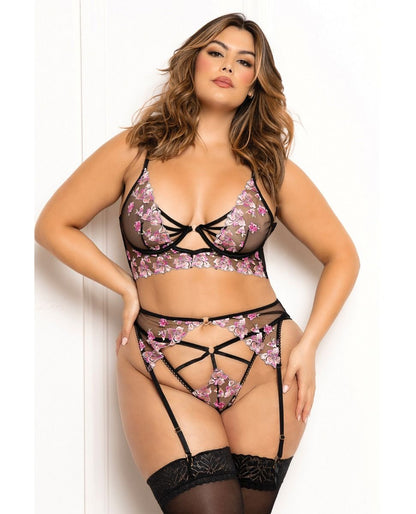 Seven Til Midnight Floral Lace and Mesh Long Line Underwire Bra Set
