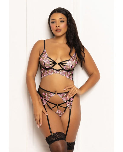 Seven Til Midnight Floral Lace and Mesh Long Line Underwire Bra Set
