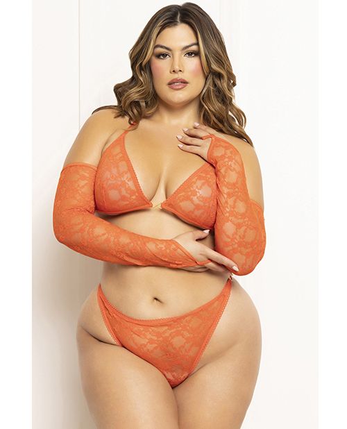 Seven Til Midnight Floral Lace Halter Triangle Top With Thong & Gauntlet Gloves