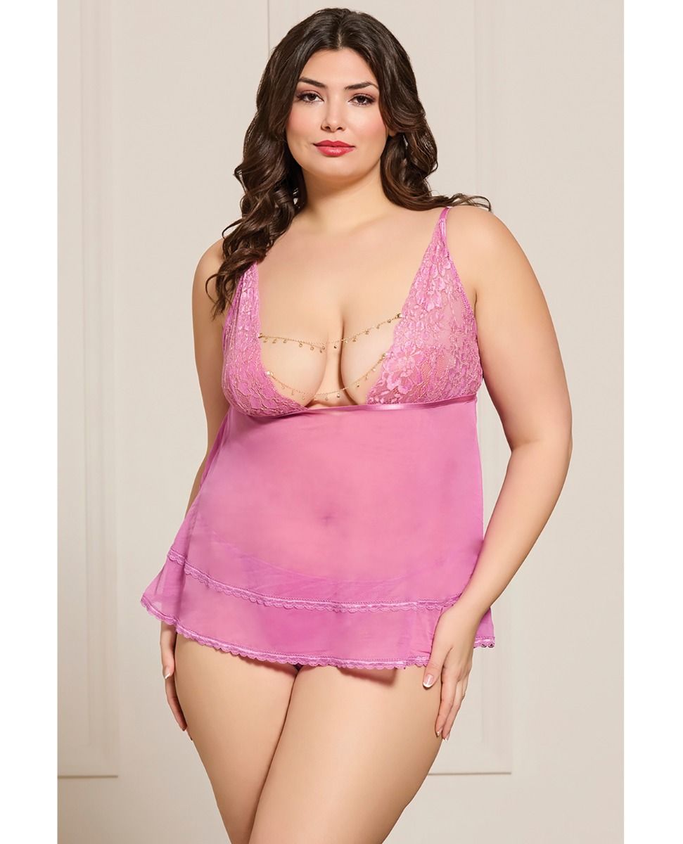 Seven Til Midnight Lace and Mesh Babydoll With Thong & Rhinestone Detail