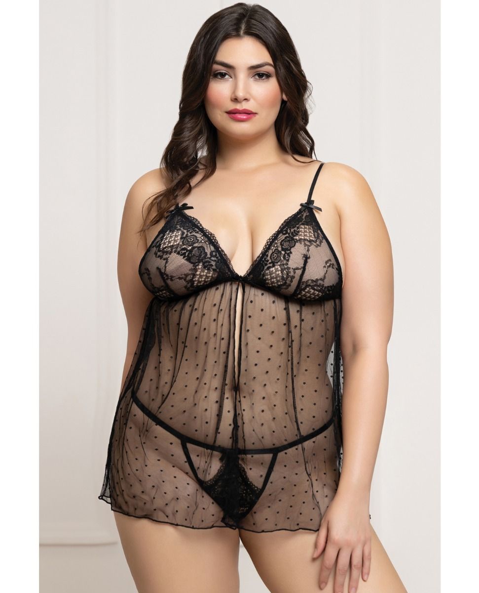 Seven Til Midnight Lace and Dot Mesh Babydoll With G-String