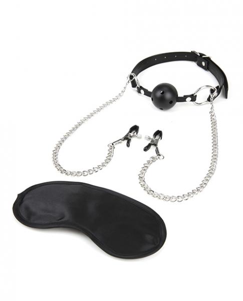 Lux Fetish Breathable Ball Gag Nipple Clamps with Chain - Wicked Sensations