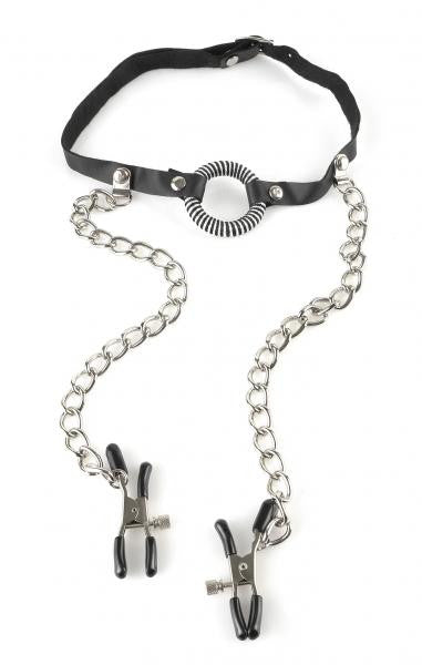 O Ring Gag With Nipple Clamps - Wicked Sensations