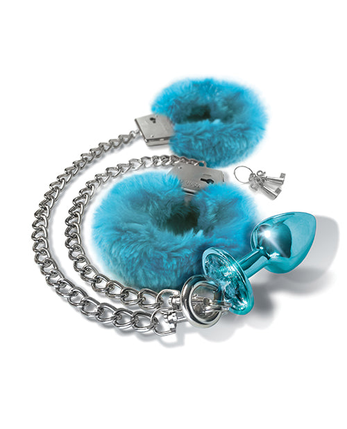 Nixie Metal Butt Plug With Inlaid Jewel & Fur Cuff Set