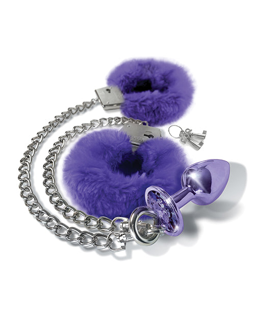 Nixie Metal Butt Plug With Inlaid Jewel & Fur Cuff Set