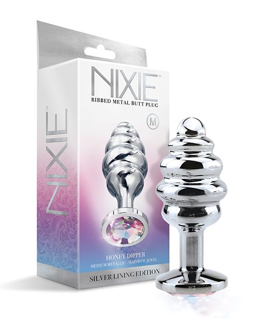 Nixie Honey Dipper Ribbed Metal Rainbow Jeweled Butt Plug