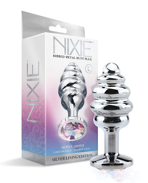 Nixie Honey Dipper Ribbed Metal Rainbow Jeweled Butt Plug