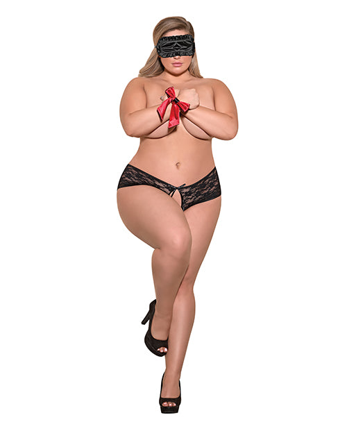 Love & Bondage Split Back Lace Booty Short, Blindfold & Wrist Ties