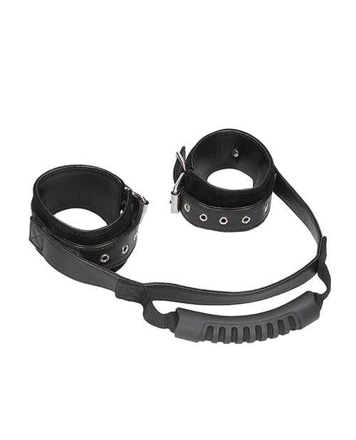 Ouch! Black and White Bonded Leather Hand Cuffs With Handle