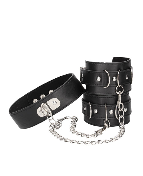 Ouch! Black and White Bonded Leather Collar With Hand Cuffs