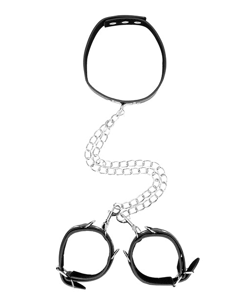 Ouch! Black and White Bonded Leather Collar With Hand Cuffs