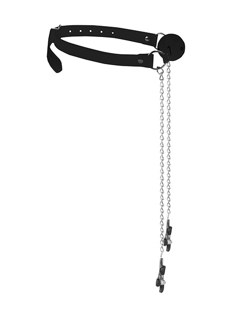 Ouch! Black and White Breathable Ball Gag With Nipple Clamps