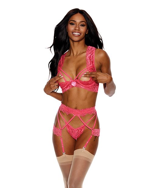 Showtime Lace Underwire Peek a Boo Bra, Garterbelt & G-String