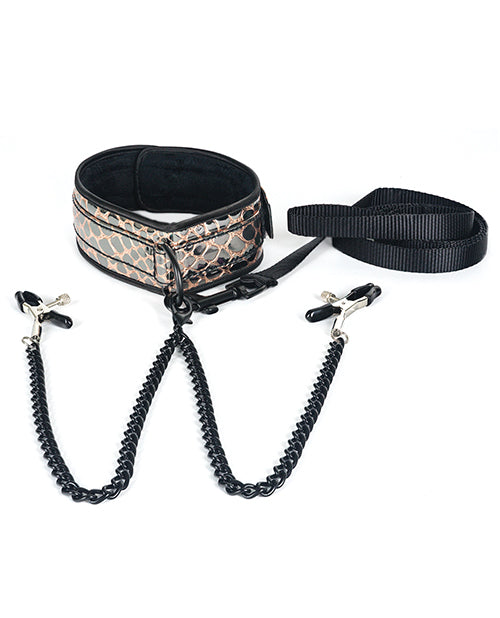 Faux Leather Collar and Leash With Nipple Clamps - Wicked Sensations