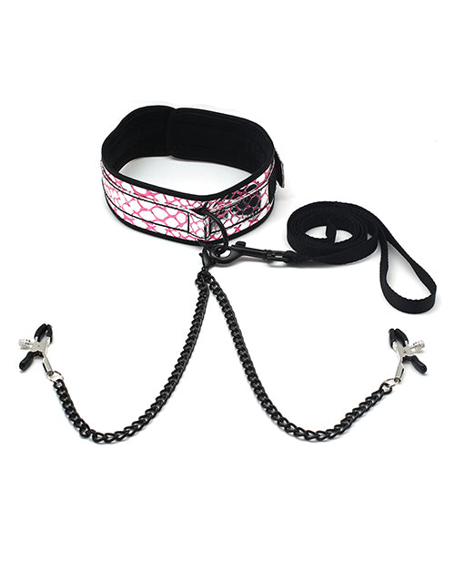 Faux Leather Collar and Leash With Nipple Clamps - Wicked Sensations
