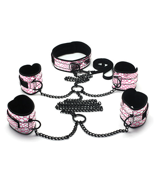 Faux Leather Wrist and Ankle Restraints Bondage Kit With Leash - Wicked Sensations