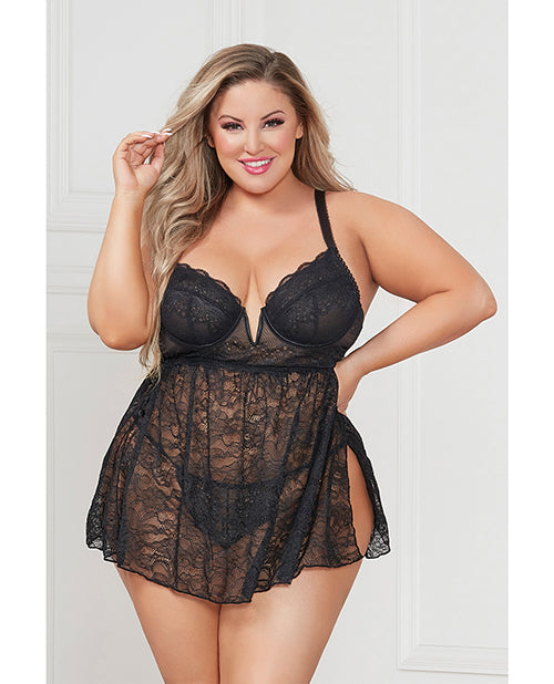 Seven Til Midnight Stretch Lace Babydoll Wih Underwire Cups and G-String