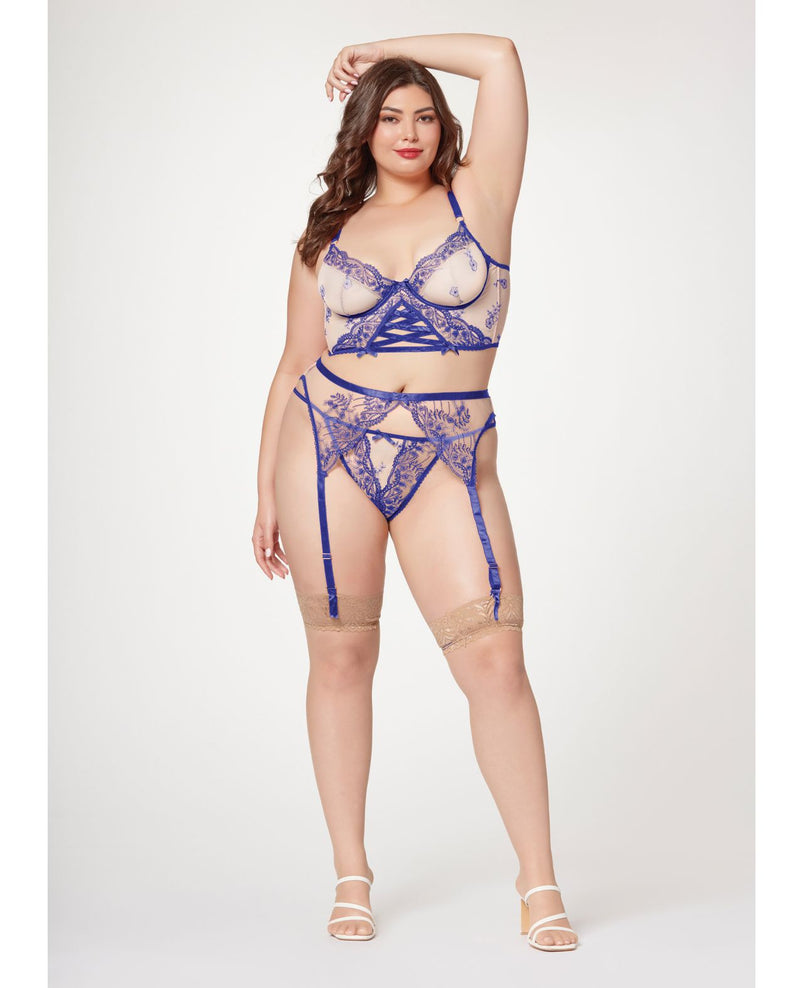 Seven Til Midnight Sheer Stretch Mesh With Floral Contrast Embroidery Bustier Set