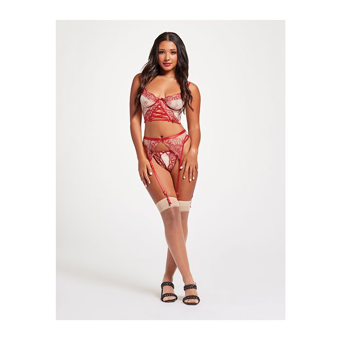 Seven Til Midnight Sheer Stretch Mesh With Floral Contrast Embroidery Bustier Set